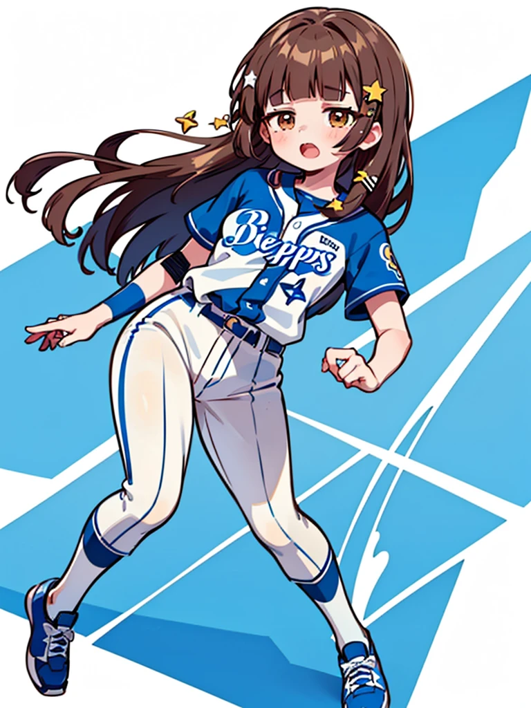 1girl, (solo), bow,
((Blunt bangs)), brown hair, brown eyes, long straight hair, ((silver-star-hairpin on her right bang)), ((baseball uniform)), ((blue stripe uniform)), ((Yokohama DeNA Baystars)), simple white background, full body, ((step)), open mouth, 
masutepiece, ultra-detailliert, best quality, 4K, 8K,