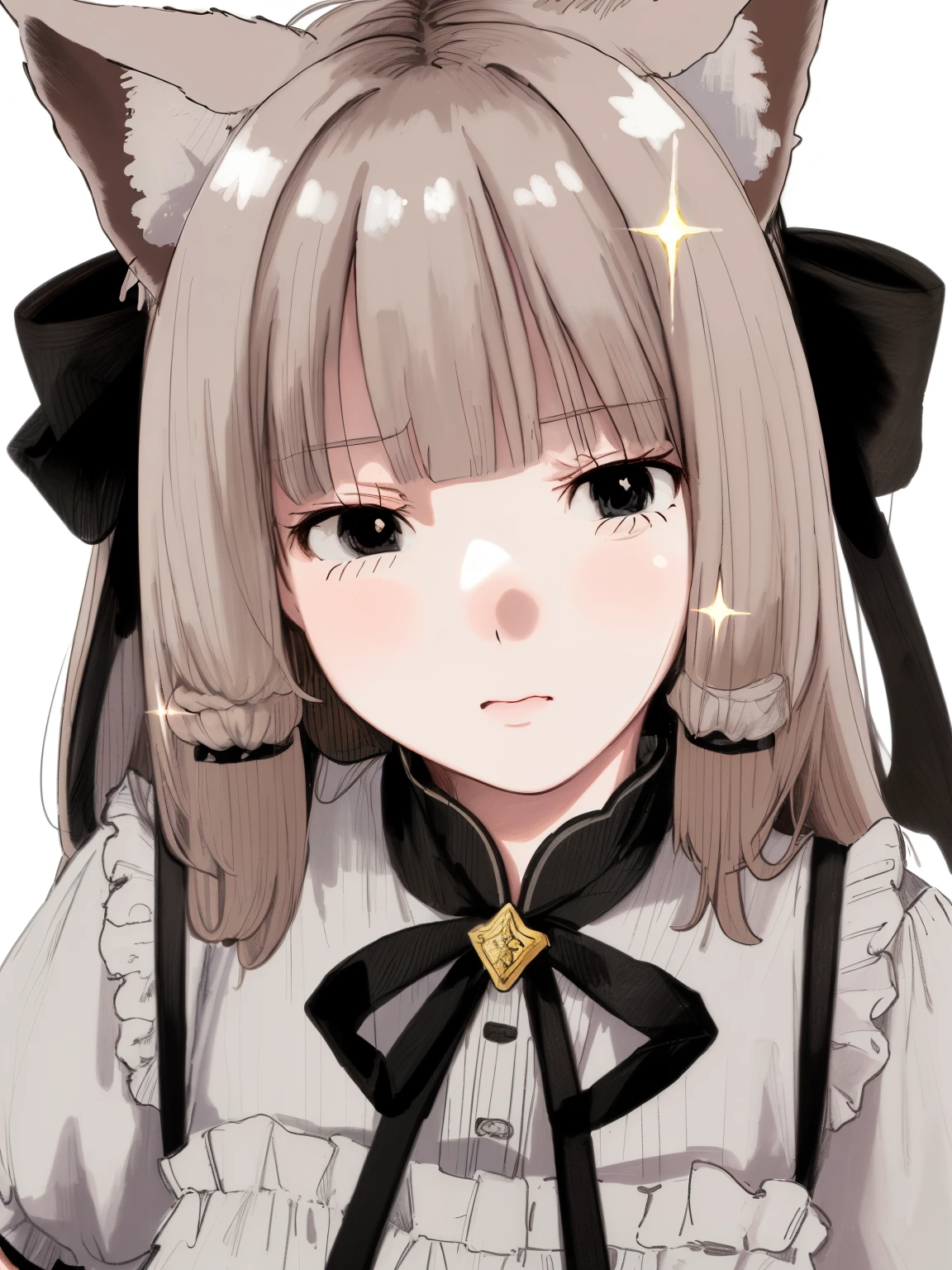 1girl, 独奏, animal ears, taupe, Long hair, whitebackground, cat ear, sparkle, Dress, looking a viewer, Bangs, gray hairs, short sleeves, blunt Bangs, taupe under eye, upper-body, gray eyes, puffy sleeves, white Dress, Cute, ultra-Detailed, illustartion, Intricate, Detailed, extremely Detailed, Detailed face, soft lighting, soft light, soft focus, a perfect face, Beautiful, Precise Anatomy, over exposure, 8K, 4k, (hight resolution:1.1), Best Quality, (Masterpiece:1.3),