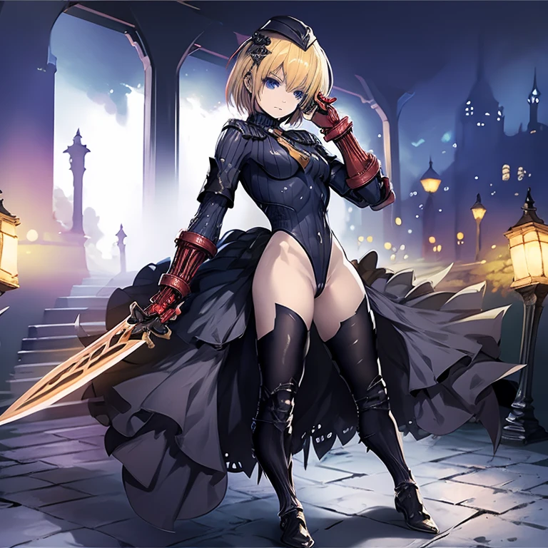 ultra-detailed, Explicit, Beautiful body, Beautiful Nose, Beautiful character design, perfect eyes, perfect face, ultra highres, 4K, beautiful legs, perfect legs, Nice hands, Perfect hand, Masterpiece, Best Quality, Highly detailed, illustration, absurdres, street fighter, doll suit, shadaloo doll, dollsuit, 1girl, solo, expressionless, blank eyes, looking at viewer, red gloves, emotionless, black latex, corrution, mind control, female combatant, full body, hypnotized, unhappy trance, full body suit, ribbed bodysuit, both arms at side, obey, perfect female body, extremely glossy latex, hypnosis, hypnoLora, empty eyes, Mind control device, poses, submissive_pose, Slave, hat, necktie, stand up straight, standing, standing at attention, hat, necktie, belt, latex, ribbed bodysuit, thighhighs, garter belt, Fighting Stance, extending the right arm from the shoulder into the air with a straightened hand, nazi saluting, military, military saluting, salute, thigh boots, Perfect anatomy, perfect hand, perfect finger, Shadowverse, Rage of Bahamut Aurelia, blonde hair, short hair, sword, holding sword