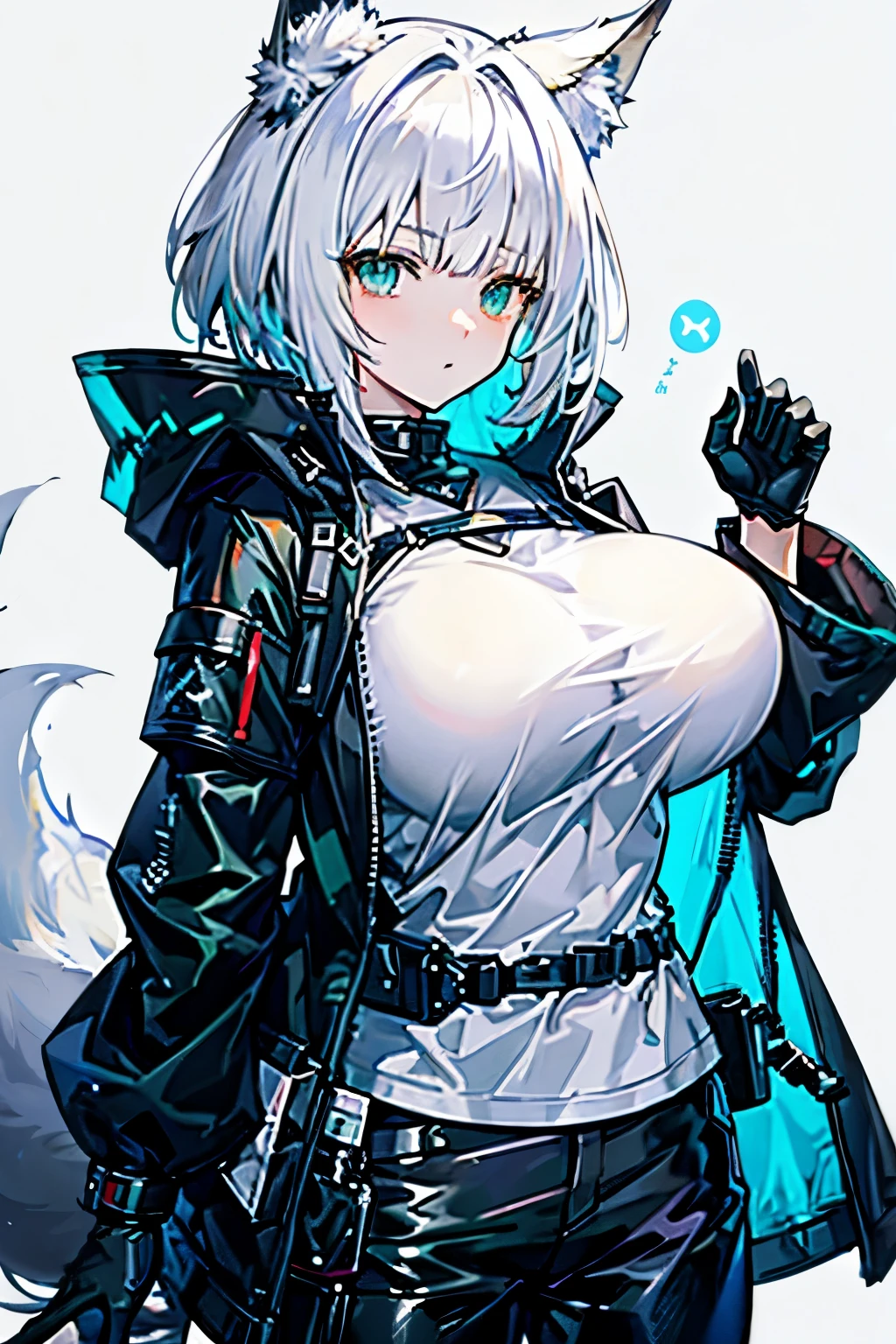 Arknights art style, arknights world,wolf girl,wolf ears,fluffy tail,short hair,white hair,green eyes,mature body,big breasts,wearing a black and blue jacket,tactical pants,tactical gloves,