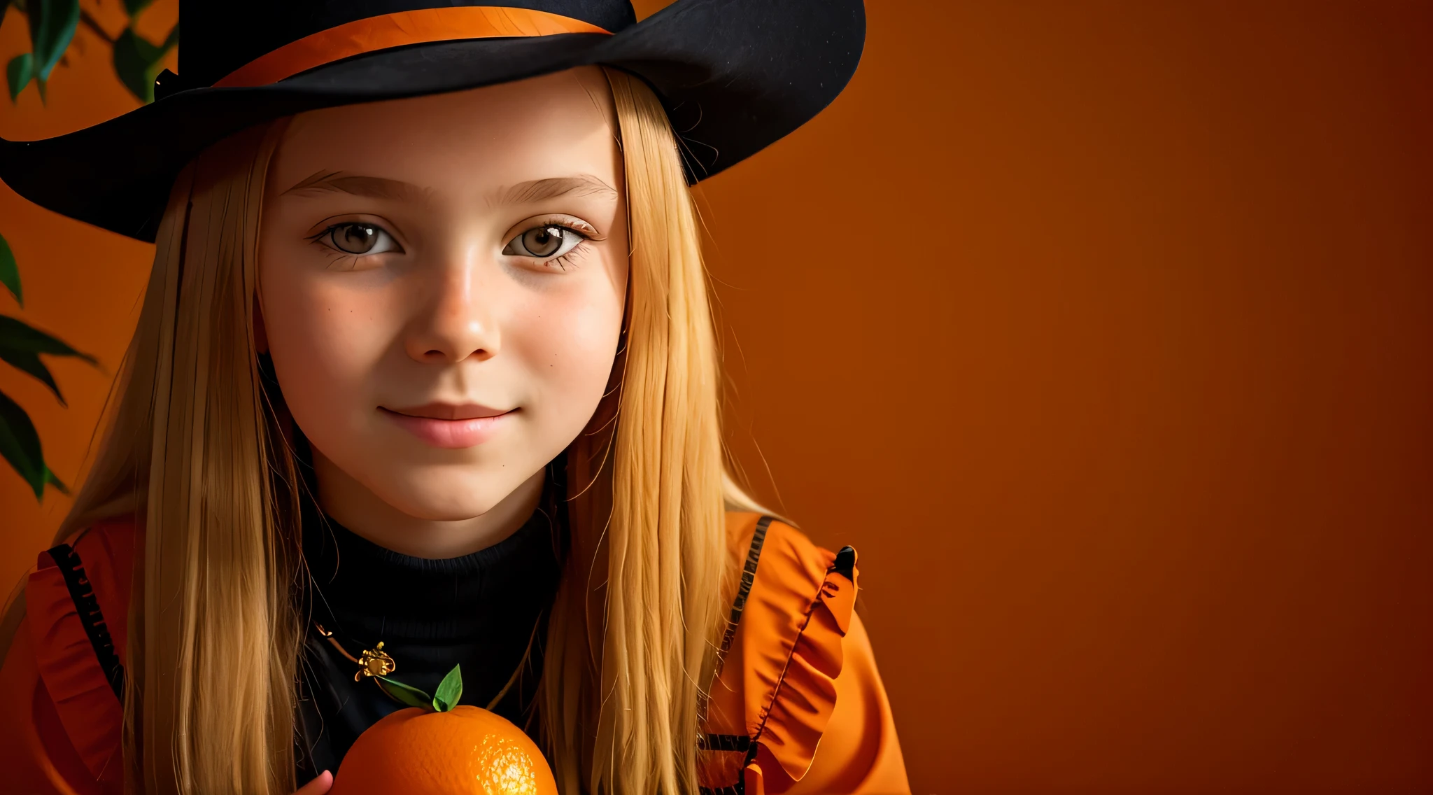 10 year old Russian child girl, close up, PORTRAIT, with long blonde hair, in a cowboy hat, many oranges with leaves on them on a table, oranges, extremely coherent orange, orange skin, orange and orange slices, orange colors, orange color, orange backgorund orange, orange, orange slices, vibrant orange, orange background, an orange, orange colors, very orange, orange theme, orange minerals, in front of an orange background, orange plants