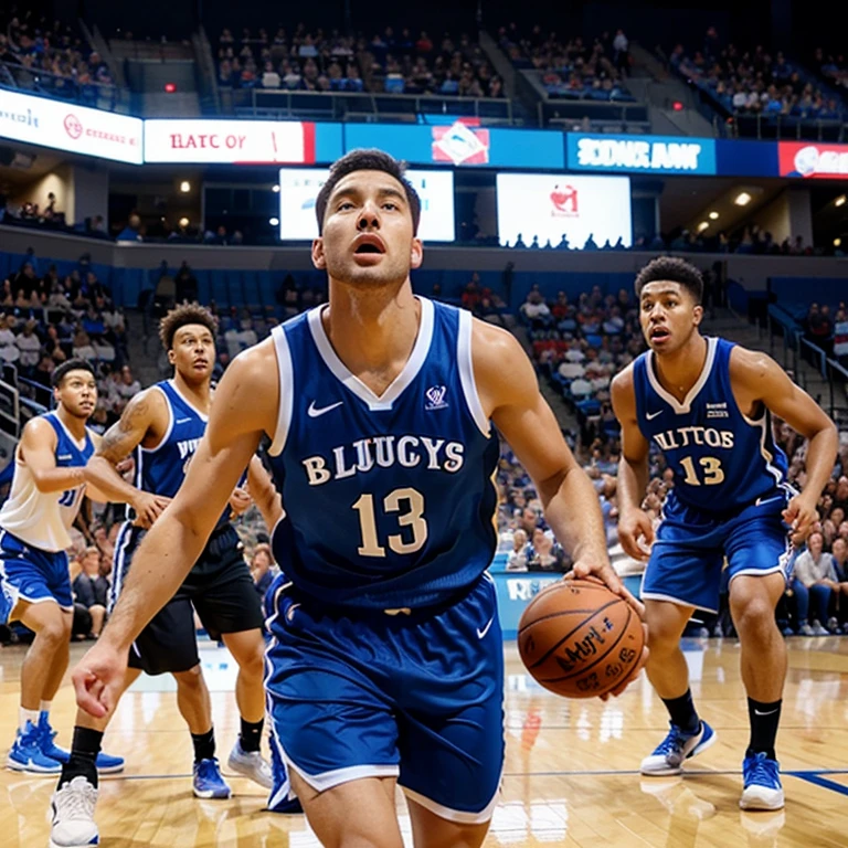 Andi playing basketball on the field he is wearing a blue Jersey white the number on it and black shorts he is dribbling the ball with his right hand and looking up at the basket he is surrounded by other Players in red jerseys who are trying to defend him.)