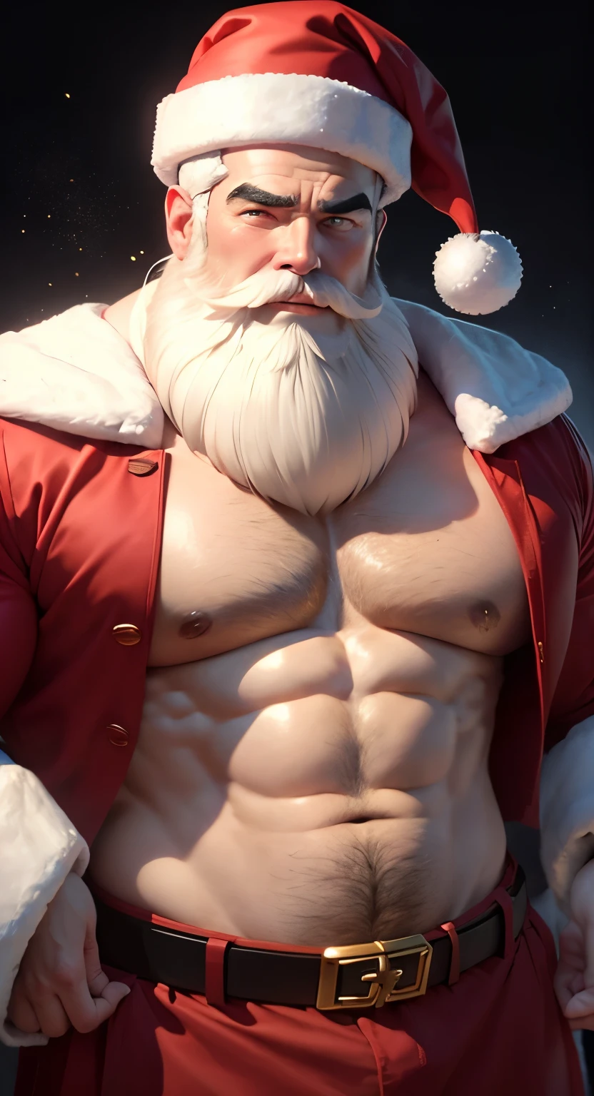 Ancient generals wore Santa Claus clothes ,White beard、Strong body,Belly fat,ice background,40歳中年male people,male people,He is about 40 years old,Thick eyebrows, Big eyes,opens his eyes wide,With a smile,Gentle expression,Give gifts,musculature,