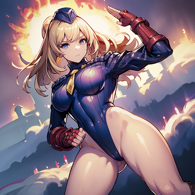 ultra-detailed, Explicit, Beautiful body, Beautiful Nose, Beautiful character design, perfect eyes, perfect face, ultra highres, 4K, beautiful legs, perfect legs, Nice hands, Perfect hand, Masterpiece, Best Quality, Highly detailed, illustration, absurdres, street fighter, doll suit, shadaloo doll, dollsuit, 1girl, solo, expressionless, blank eyes, looking at viewer, red gloves, emotionless, black latex, corrution, mind control, female combatant, full body, hypnotized, unhappy trance, full body suit, ribbed bodysuit, both arms at side, obey, perfect female body, extremely glossy latex, hypnosis, hypnoLora, empty eyes, Mind control device, poses, submissive_pose, Slave, hat, necktie, stand up straight, standing, standing at attention, hat, necktie, belt, latex, ribbed bodysuit, thighhighs, garter belt, Fighting Stance, extending the right arm from the shoulder into the air with a straightened hand, nazi saluting, military, military saluting, salute, thigh boots, Perfect anatomy, perfect hand, perfect finger, Shadowverse, Rage of Bahamut Mysteria(Manaria), long hair, blonde hair, blue eyes, holding spear
