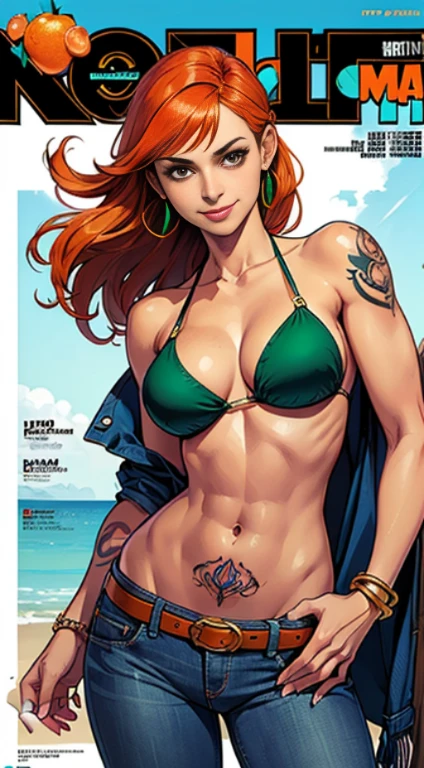 (masterpiece:1.4, best quality:1.4), illustrations, (solo:1.2), (original), (very detailed wallpaper), photographic reality, (ultra detailed:1.4), (super complex details), ((Magazine cover-style:1.4)nami \(one piece\), 1girl, bangle, bangs, bare shoulders, belt, bikini, bikini top only, blue sky, bracelet, breasts, brown eyes, bubble, cleavage, cloud, cowboy shot, day, denim, earrings, floating hair, green belt, green bikini, groin, jeans, jewelry, large breasts, log pose, long hair, looking at viewer, navel, orange hair, pants, shoulder tattoo, sidelocks, sky, smile, solo, standing, stomach, swimsuit, tattoo , ((masterpiece))