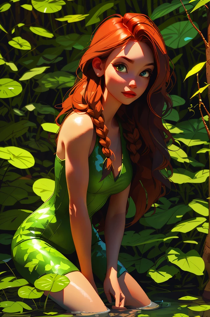poison ivy, siting on water, the two brown braids, water fall background, forest back ground, live plants in back ground,8k, high detailed body, high detailed face, realistic , random, legendary , sun shadow, movie lightning, 8k, RAW photo, best quality, masterpiece, high detail RAW color photo, dramatic lighting, cinematic lighting, back light, professional lighting, detailed face, full body, girl focusing,