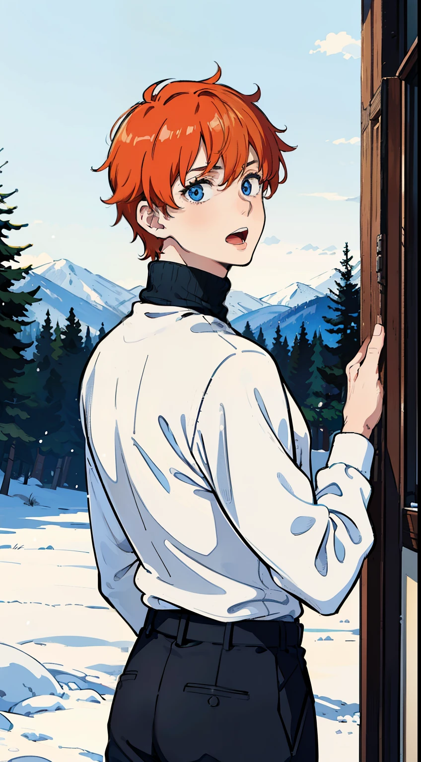 (1boy,teen,18 years old), orange hair, blue eyes,(black pants),(((white sweater,turtleneck))),(standing in snow,in a forest),((serious,open mouth)),looking back,from back,