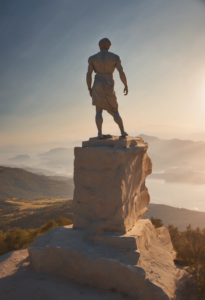 Prompts Copy prompts Imagine a stoic Greek statue on your back, Standing, corpo inteiro, with well defined muscles, contemplating the horizon on a mountain on a sunny morning. imagem 4k