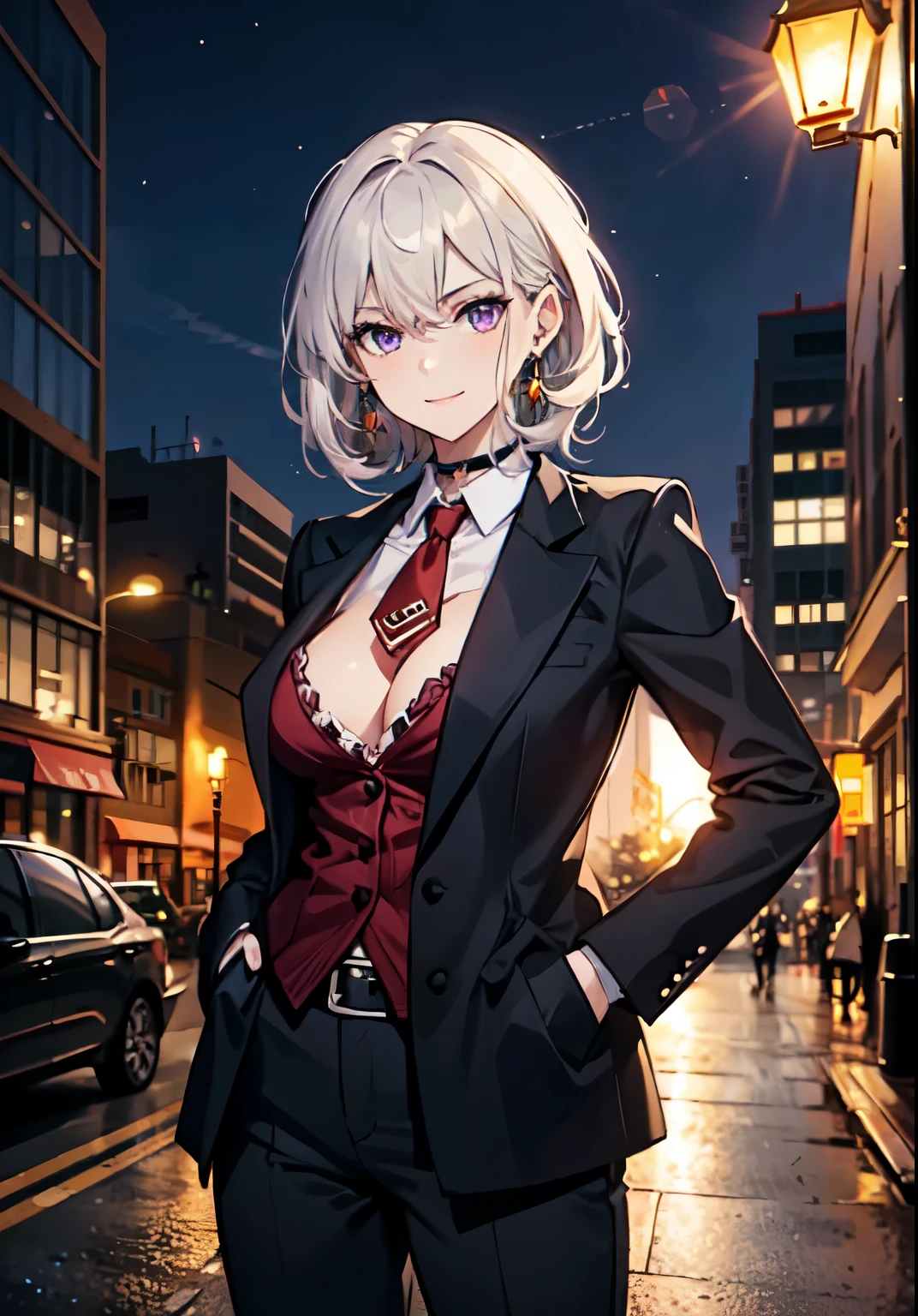 (masterpiece, best quality:1.2), cowboy shot, solo, 1girl, white hair, short wavy hair, purple eyes, (large breasts: 1.2), cleavage, slender body, light smile, looking at viewer, hands in pockets, formal, dark suit, red necktie, black pants, choker, earrings, cityscape scenery, street, night light,