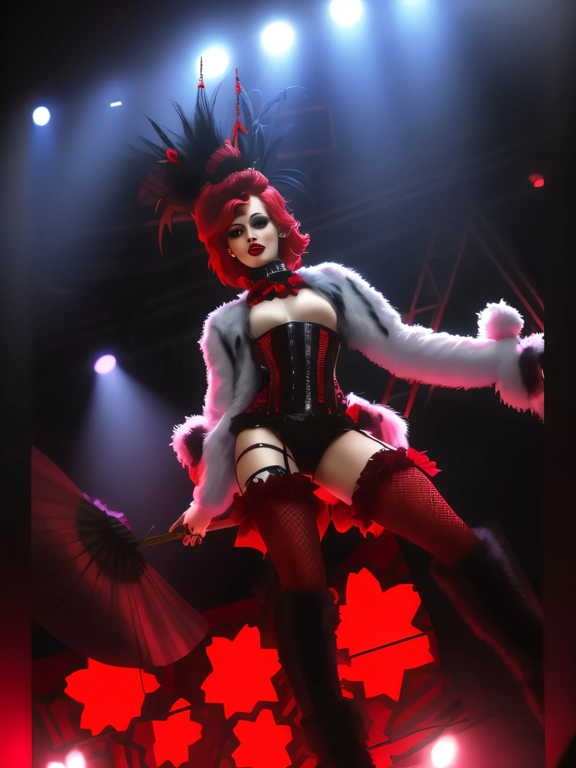 araffe dressed in a costume and holding a fan on stage, burlesque psychobilly, red and black costume!!!, cruella devil, burlesque, bold rave outfit, jester themed, inspired by Louis Grell, gogo dancer, bladee from drain gang, high quality theatre costume, reddit post, very sexy devil outfit, performing on stage