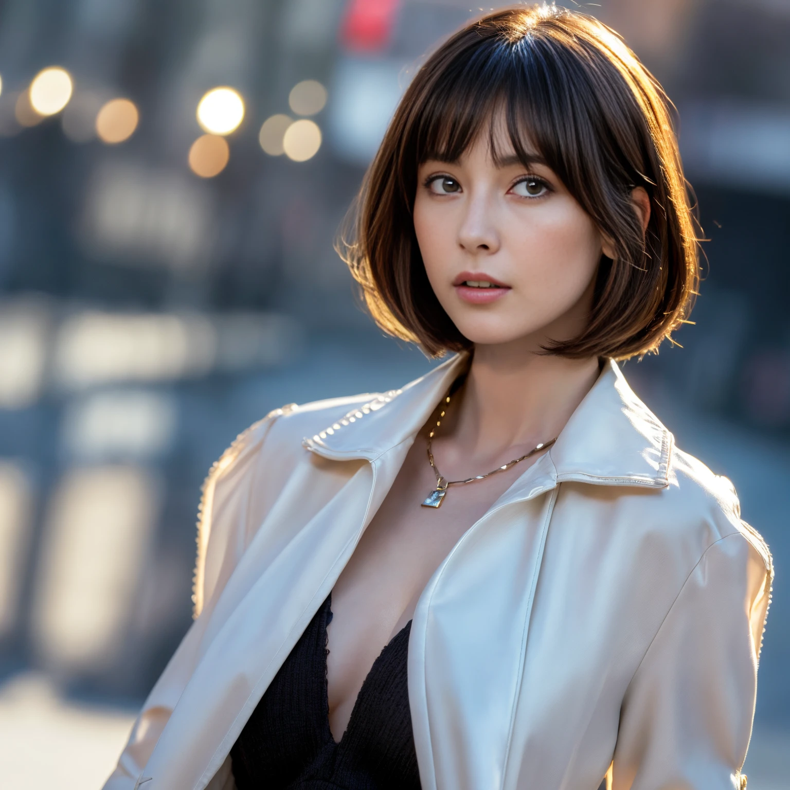 ((Medium chest, Bob Hare, small head)), Daylight, Sunlight, (well-defined abs: 1.1), (Perfect body: 1.1), (Bangs straight,Dark hair: 1.2), Russet Hair, Collar, chain, Full body photo, Shabby street, wearing a black tank top, White jacket, ((Highly detailed CG 8k wallpaper), (Extremely delicate and beautiful), (masutepiece), (Best Quality: 1.0), (Hyper-Resolution: 1.0), Beautiful lighting, Perfect Lightning, Realistic Shadows, [High resolution], detailed skins,35 year old