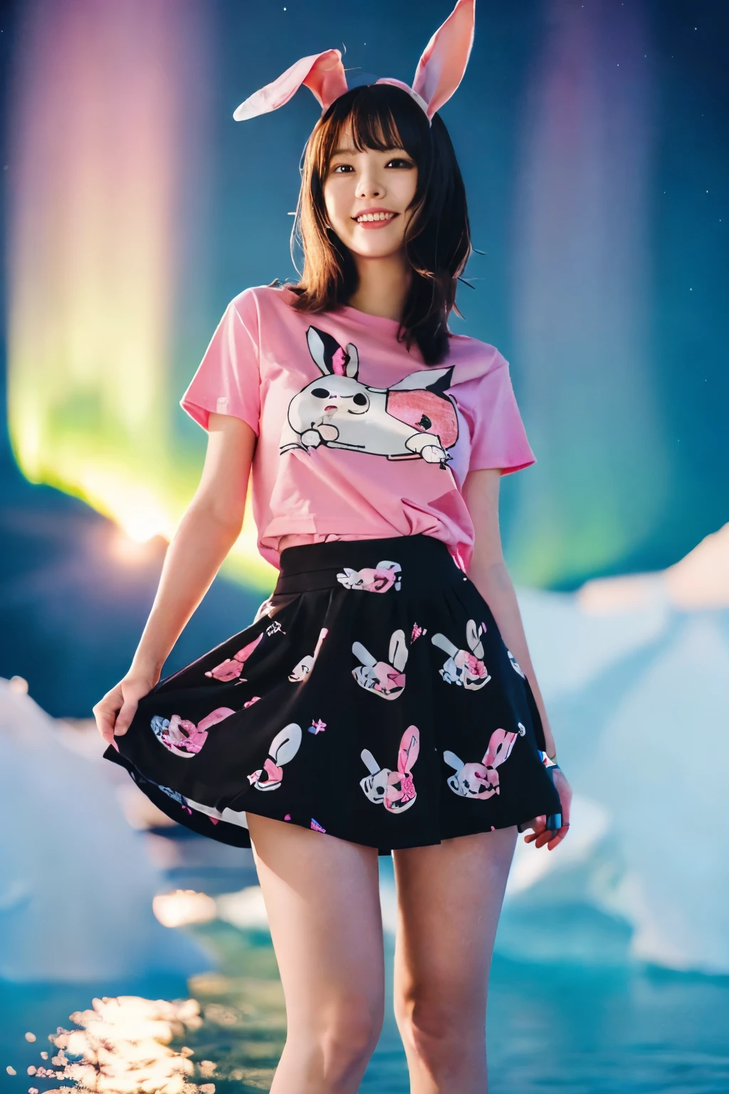 ((masutepiece:1.4, Best Quality)), (photos realistic:1.4), ((1girl in)), ((20yr old)), (Ultra High Resolution:1.2), Extremely delicate and beautiful, amazing, the Extremely Detailed CG Unity 8K Wallpapers, Ultra-detailed, High resolution, Soft light, Beautiful detailed girl, extremely detailed eye and face, beautiful detailed nose, Beautiful detailed eyes, (Wearing a shocking pink T-shirt、Print a Sanrio-style rabbit illustration:1.5), (Pink skirt:1.3), ((thighs thighs thighs thighs)), Lustrous black hair, Cinematic lighting, Perfect Anatomy, Slender body, (Standing in front of an iceberg in Antarctica at night:1.3), (Aurora Borealis in the Night Sky:1.3), Cute poses, Cowboy Shot, laugh very loud