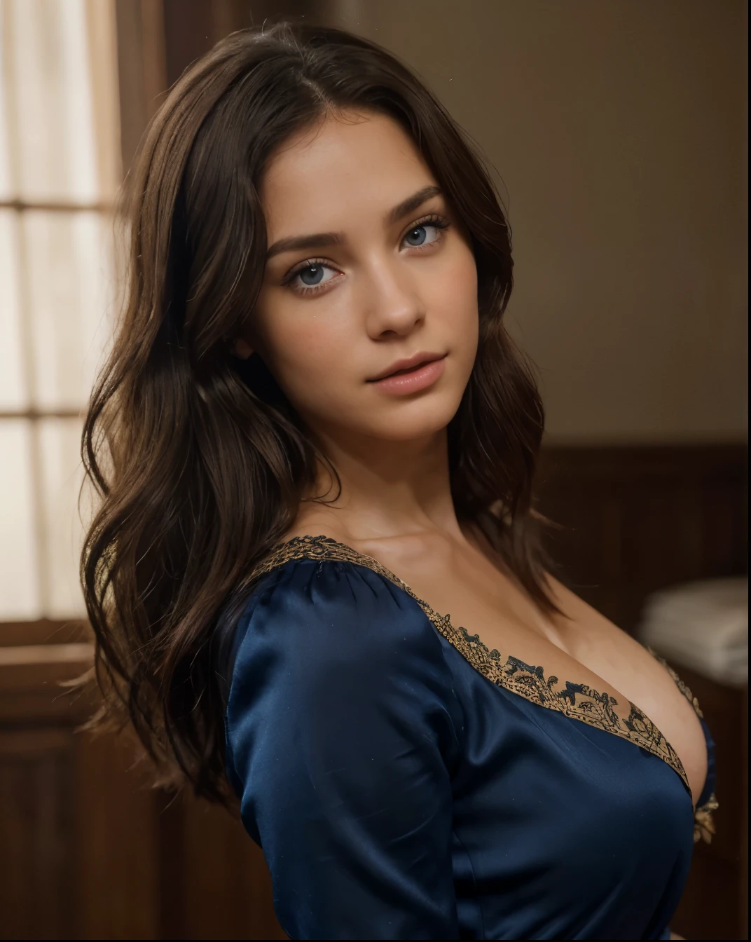 Cute brunette, silk dress, very detailed, 30 years old, innocent face, medium natural breasts, natural wave hair, blue eyes, high-res, masterpiece, best quality, intricate details, highly detailed, sharp focus, detailed skin, realistic skin texture, texture, see all body, detailed eyes, professional, 4k, Kodak vision colour, perfect fit body, extremely detailed, photo_\(ultra\), photorealistic, realistic, post-processing, max detail, roughness, real life, ultra-realistic, photorealism, photography, 8k UHD, big butt, looking away