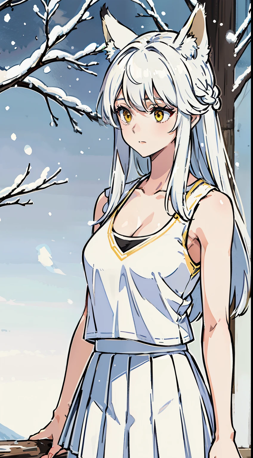 1girl,solo,medium breasts,mature female,((white sleeveless and shoulderless t-shirt,cleavage)),(((white pleated skirt))),silver hair,long hair,yellow eyes,fox ears,((snow,in forest)),looking away