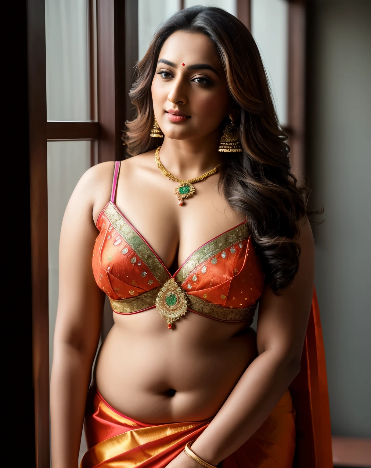 Foto RAW, photorealistic, photography, full body shot, master shot, perfect eyes, goddess like beauty, perfect thick chubby mallu Desi aunty bhabhi, Wearing a Stanapatta, a chest-band.Saree model, model Photography, Indian saree shoot, Indian traditional wear advertising photography, traditional wear brand shoot, face of Indian actress Sonakshi Sinha, masterpiece, realistic, realism, incredible details, pleasure, photorealism, detailed skin, skin pores, high contrast, photorealistic Artstation 8k HD digital art trend of high definition and detailed realistic skin texture, ultra detail, realistic skin texture, armature, best quality, ultra high definition, (photorealistic:1.4),, high resolution, detail, raw photo, Re sharp, by Lee Jefferies Nikon D850 Film Stock Photo 4 Kodak Portra 400 Camera F1.6 Lens Rich Color Ultra Real Realistic Realistic Textures Dramatic Lighting Unreal Engine Trending at Art Station Cinestill 800,(pele altamente detalhada: 1.2), 8k UHD, DSLR, soft-lighting, alta qualidade, grain of film, Fujifilm XT3,she didn't like to wear blouse or bra, she happy to wear only saree, she hates blouse or bra, detailed hairy armpits,