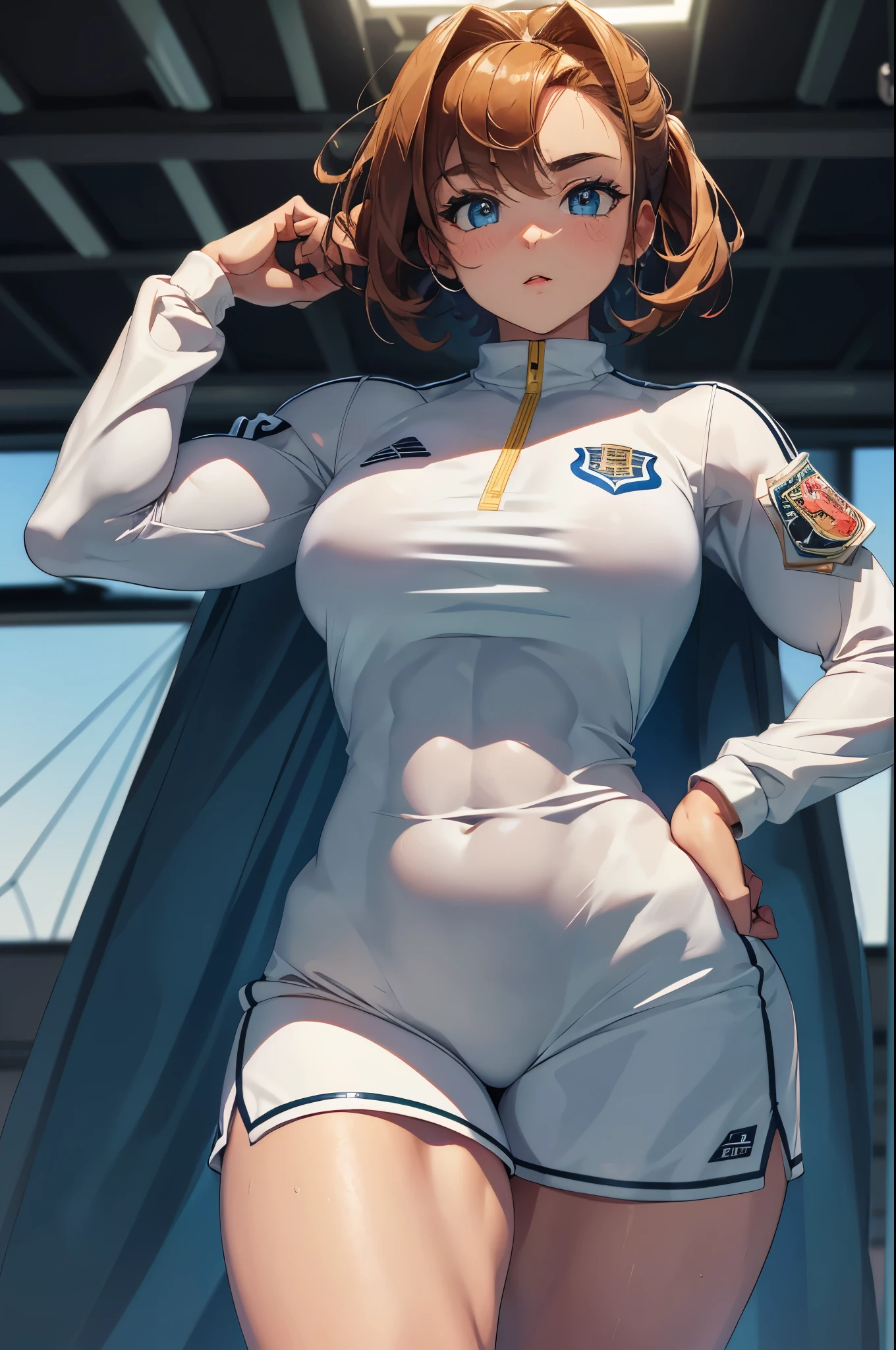 "(best quality,master part:1.2,high resolution),1 girl, (musculoso),corpo tonificado, seios perky, cabelos longos, (uniforme de futebol), muscle girl"