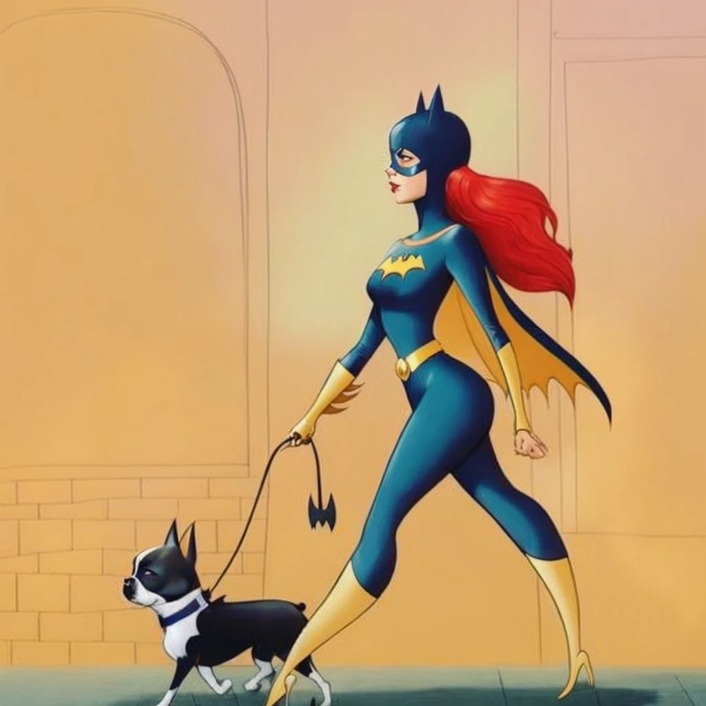 batmangirl and her dog are walking down the street, Batgirl, Directed by: Bruce Timm, inspired Directed by: Bruce Timm, inspirado por Hanna-Barbera, super-hero girl, por Hanna-Barbera, No estilo da Marvel e DC, Mulher do gato, Directed by: Amy Schumer, por Paul Bird, Batwoman, Directed by: Hugh Hughes