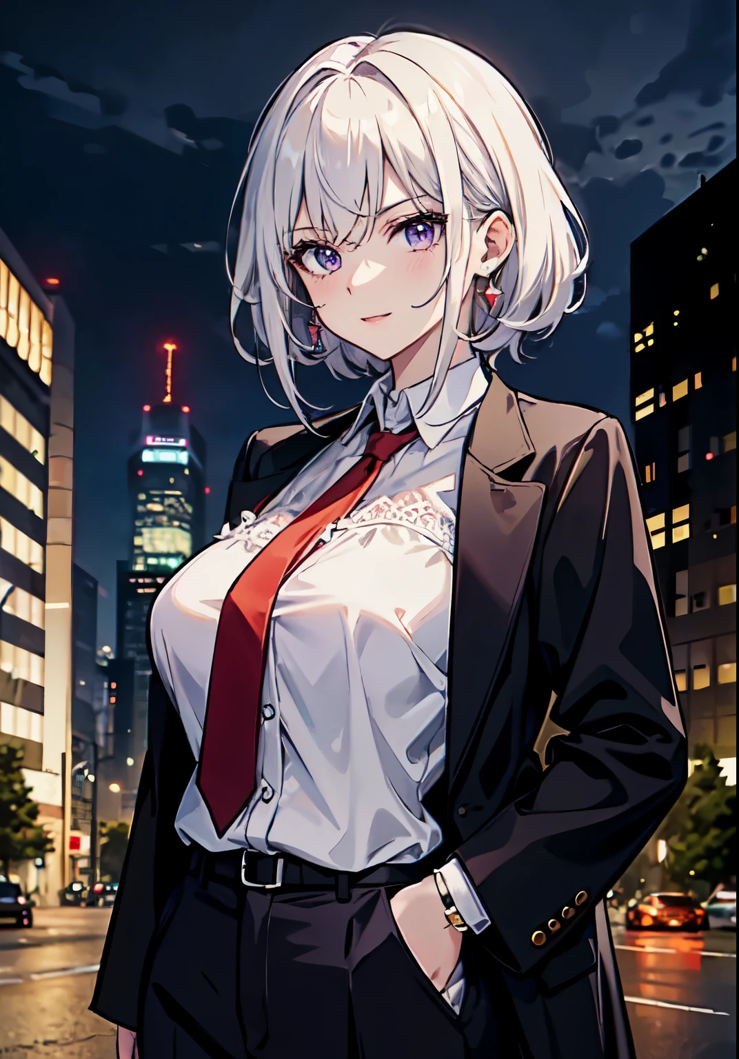 (masterpiece, best quality:1.2), cowboy shot, solo, 1girl, white hair, short wavy hair, purple eyes, (large breasts: 1.2), cleavage, slender body, light smile, looking at viewer, hands in pockets, formal, dark suit, red necktie, black pants, choker, earrings, cityscape scenery, street, night light,