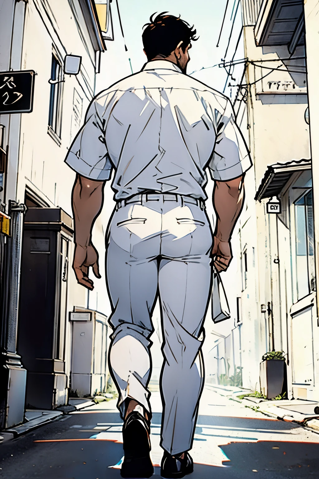Sketch of a ELEGANT AND HANDSOME FAT MAN walking, picture from behind (corpo todo ) , fundo branco , roupa social ( shirt and pants ) Linha Arte Digital