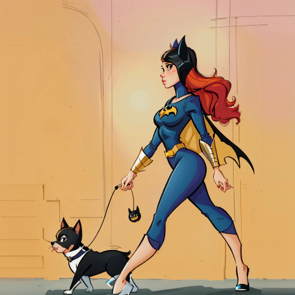 batmangirl and her dog are walking down the street, Batgirl, Directed by: Bruce Timm, inspired Directed by: Bruce Timm, inspirado por Hanna-Barbera, super-hero girl, por Hanna-Barbera, No estilo da Marvel e DC, Mulher do gato, Directed by: Amy Schumer, por Paul Bird, Batwoman, Directed by: Hugh Hughes
