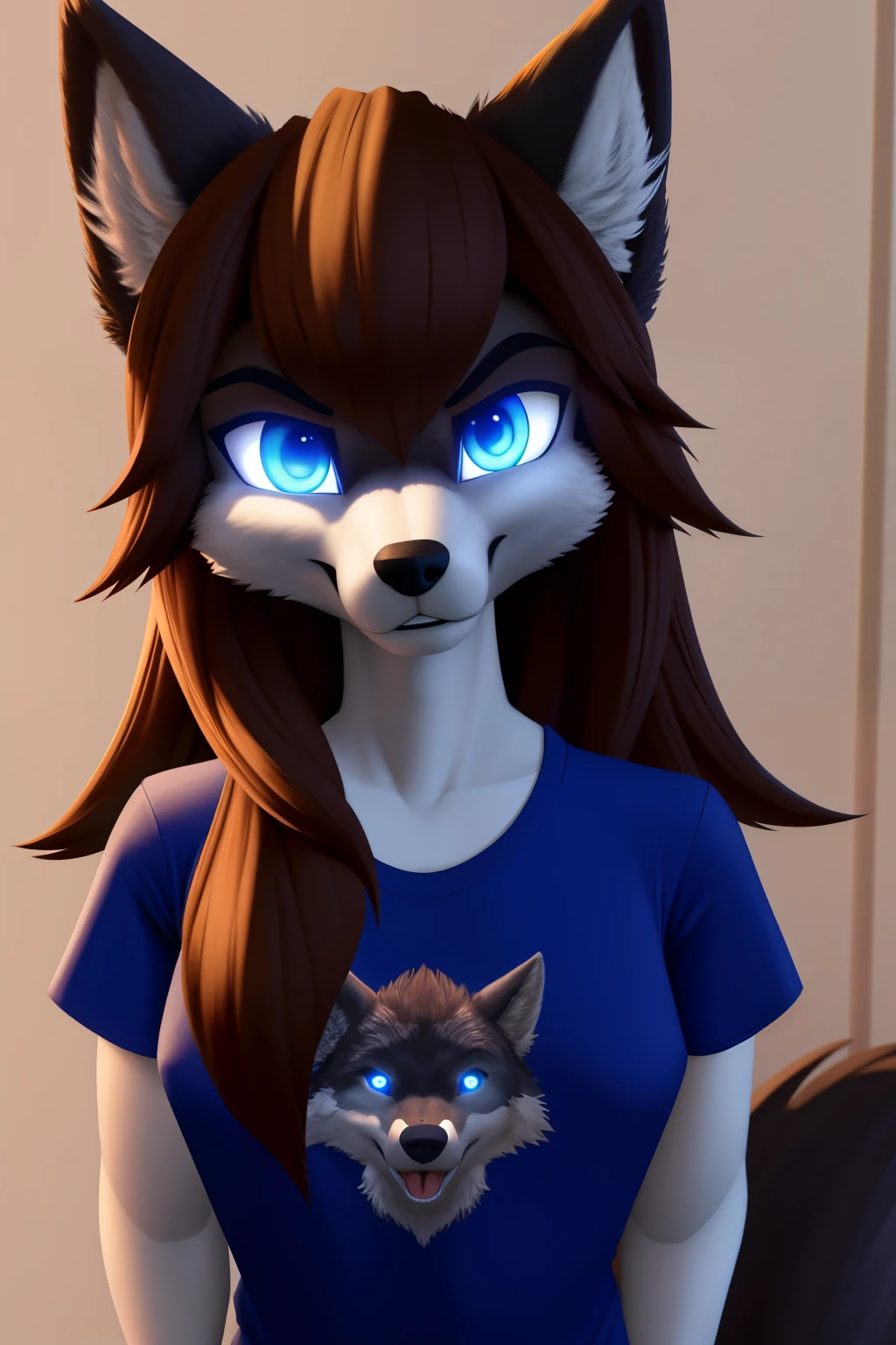 android wife, wolf anthro, brown hair, blue eyes, glowing eyes, t-shirt, 3D Disney style