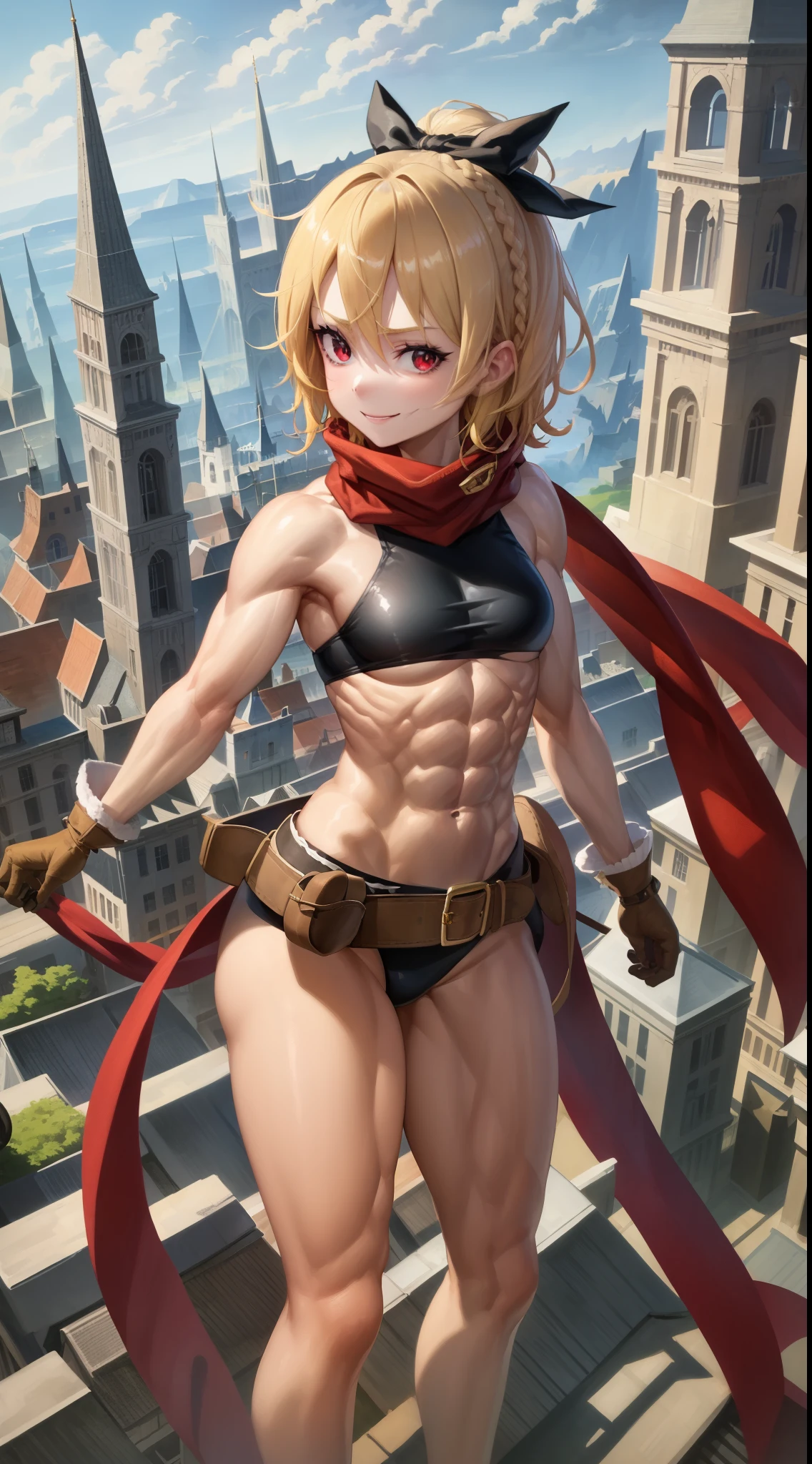 best quality, 4k, ((masterpiece)), extremely detailed, 8k, trending in ArtStation, intricate, high detail, sharp focus, detailed background, (fantasy city: 1.4), roof, 1girl, ground, navel, bow , (blond hair), red eyes, hair bow, red scarf, braid, short hair, small breasts, standing, looking at viewer, smile, midriff, cowboy shot, blonde hair, black bow, (very short bikini and sexy ), gloves, brown gloves, (muscular legs), looking back, (big, perky, hard ass)