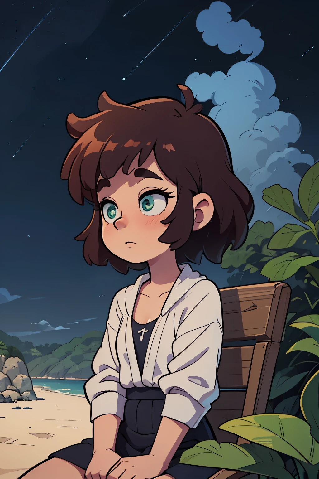 (master part, best quality: 1.2), ultra detalhado, Cinematic lighting, HDR, illustration, Landsape, 1girl, (cores suaves), Post-apocalyptic beach, a noite, atmosfera desoladora, sentada na areia, covered vegetation, (Overcast sky), ondas caindo na costa, (wistful, but hopeful), Momento tranquilo de descanso, (texturas detalhadas), Cabelo varrido pelo vento, Cloudy at night