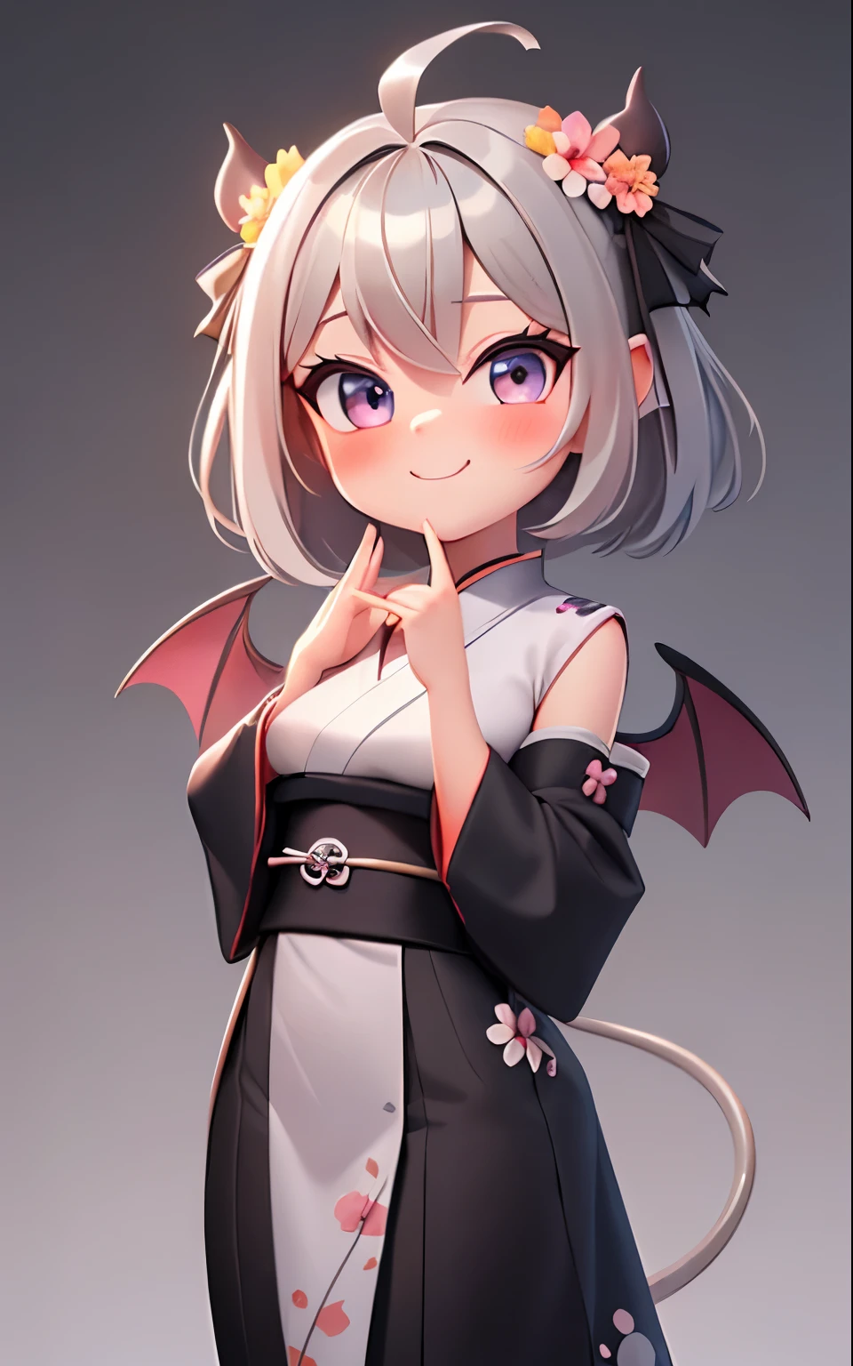 Pixar, 1girl in, Devilish appearance, (short silver hair:1.5), Eyes are red, Reaching out:1.5, blush, (Ahoge:1.2), eyes gentle, (A smile:1.2), Hair Bow, (Black devil wings and tail grow:1.3), Black sheep horns grow, (Black furisode:1.5), (Floral hair ornament:1.3), 独奏, Bangs, femele, Upper body