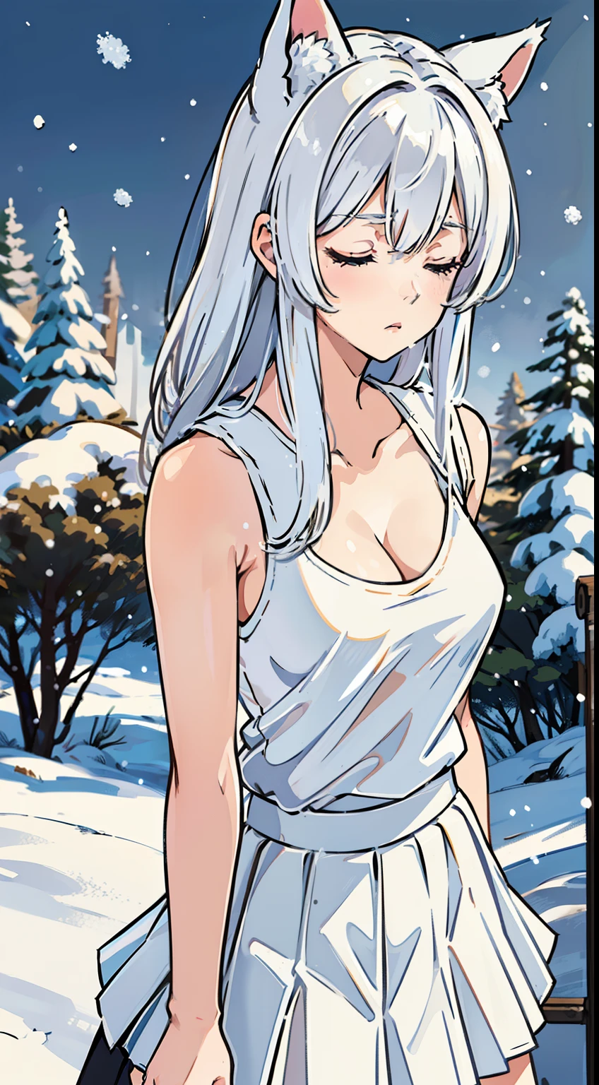 1girl,solo,medium breasts,mature female,((white sleeveless and shoulderless t-shirt,cleavage)),(((white pleated skirt))),silver hair,long hair,closed eyes,fox ears,((snow,in forest)),sad