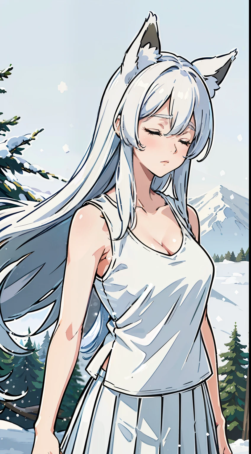 1girl,solo,medium breasts,mature female,((white sleeveless and shoulderless t-shirt,cleavage)),(((white pleated skirt))),silver hair,long hair,closed eyes,fox ears,((snow,in forest)),sad
