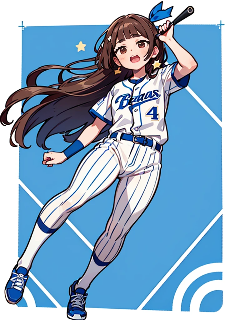 1girl, (solo), bow,
((Blunt bangs)), brown hair, brown eyes, long straight hair, ((silver-star-hairpin on her right bang)), ((baseball uniform)), ((blue stripe uniform)), ((Yokohama DeNA Baystars)), simple white background, full body, ((stepping)), open mouth,
masutepiece, ultra-detailliert, best quality, 4K, 8K,
