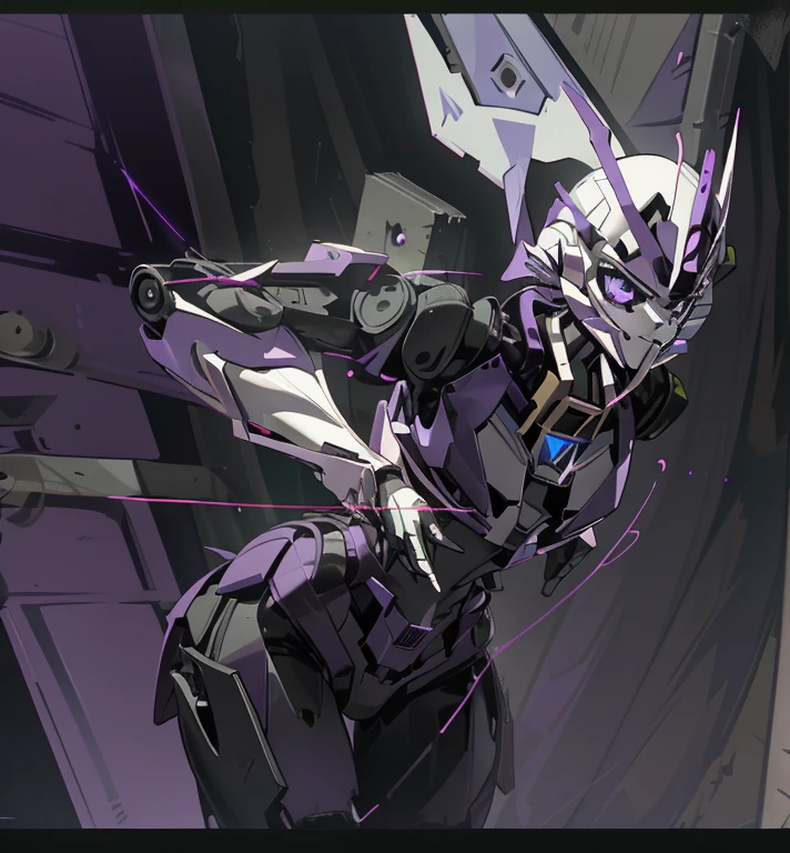 (Super elaborate CG Unity 8K, masterpiece, highest quality): (Dynamic Angle, Solo, 1 beautiful Girl, white and purple cyborg armor in the style of police uniform, (((white helmet with purple face plate))), purple mask, transformers,