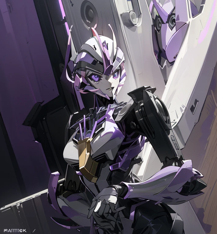 (Super elaborate CG Unity 8K, masterpiece, highest quality): (Dynamic Angle, Solo, 1 beautiful Girl, white and purple cyborg armor in the style of police uniform, (((white helmet with purple face plate))), purple mask, transformers,