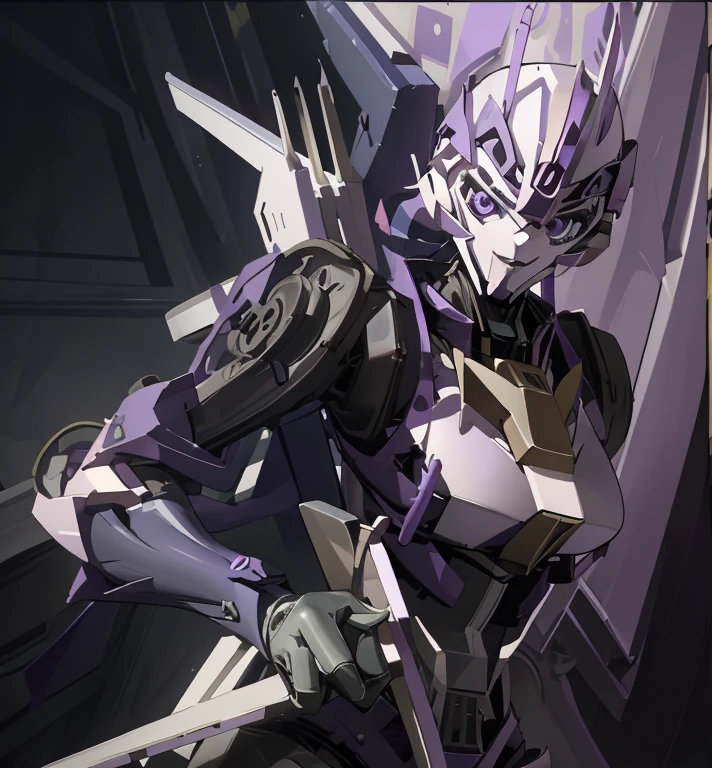 (Super elaborate CG Unity 8K, masterpiece, highest quality): (Dynamic Angle, Solo, 1 beautiful Girl, white and purple cyborg armor in the style of police uniform, (((white helmet with purple face plate))), purple mask, transformers,