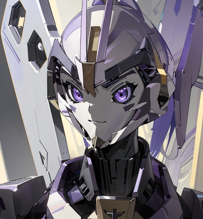 (Super elaborate CG Unity 8K, masterpiece, highest quality): (Dynamic Angle, Solo, 1 beautiful Girl, white and purple cyborg armor in the style of police uniform, (((white helmet with purple face plate))), purple mask, transformers,