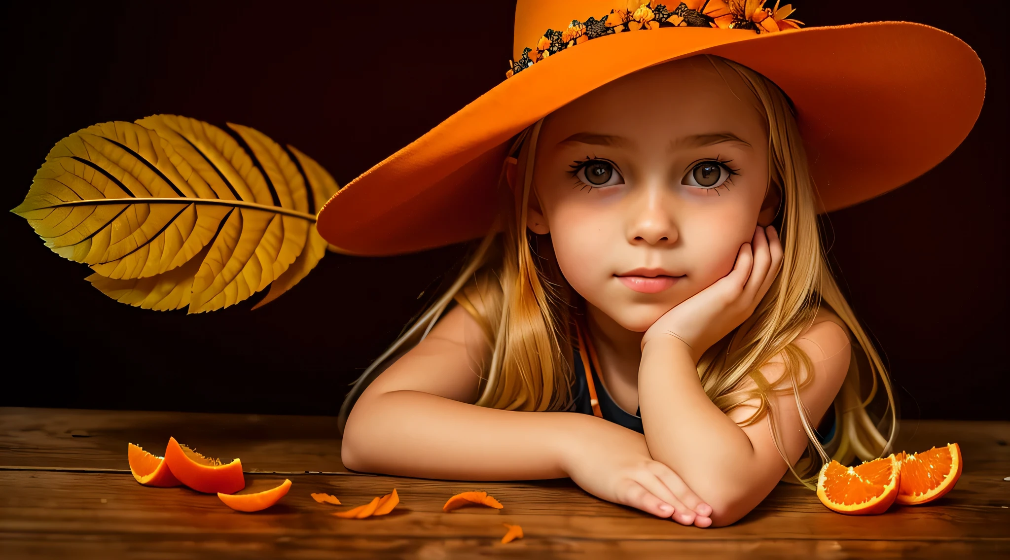 10 year old Russian child girl, close up, PORTRAIT, with long blonde hair, in a cowboy hat, many oranges with leaves on them on a table, oranges, extremely coherent orange, orange skin, orange and orange slices, orange colors, orange color, orange backgorund orange, orange, orange slices, vibrant orange, orange background, an orange, orange colors, very orange, orange theme, orange minerals, in front of an orange background, orange plants