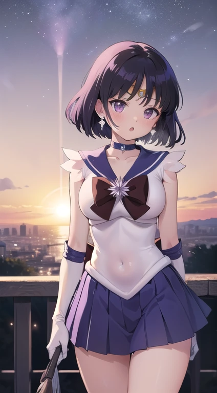 (masterpiece:1.2, best quality:1.2), ((Shiratama)), R15, highres, (realistic:0.25), (extremely detailed), (intricate), (beautiful dentaled glow:1.2), (sunset:0.75), gradient sky, space, cinematic lighting, (pixiv), 1girl, (8k, HD, portrait, cowboy shot, portrait, ((anime)), 4k, novel illumination, soft outline, (perfect quality:1.2), bangs
BREAK (tomoe hotaru, sailor saturn), purple eyes, purple hair, short hair,
BREAK back bow, purple bow, purple choker, purple sailor collar, purple skirt, bow, choker, earring, tiara, elbow gloves, jewelry, magical girl, large breast, collarbone, white leotard, miniskirt, sailor collar, sailor senshi uniform, boots, (sleeveless), ((see-through)), (skindentation:1.2), (steaming body:1.2), (heavy breathing:1.2), (bare shoulders, bare hip, thighs, covered navel)
BREAK (perfect anomary, perfect hand), (perfect cute face:1.4), (perfect clothes, perfect body), night, (sky:1.2), (:o, (in front), outdoor, energy, NFSW), white background