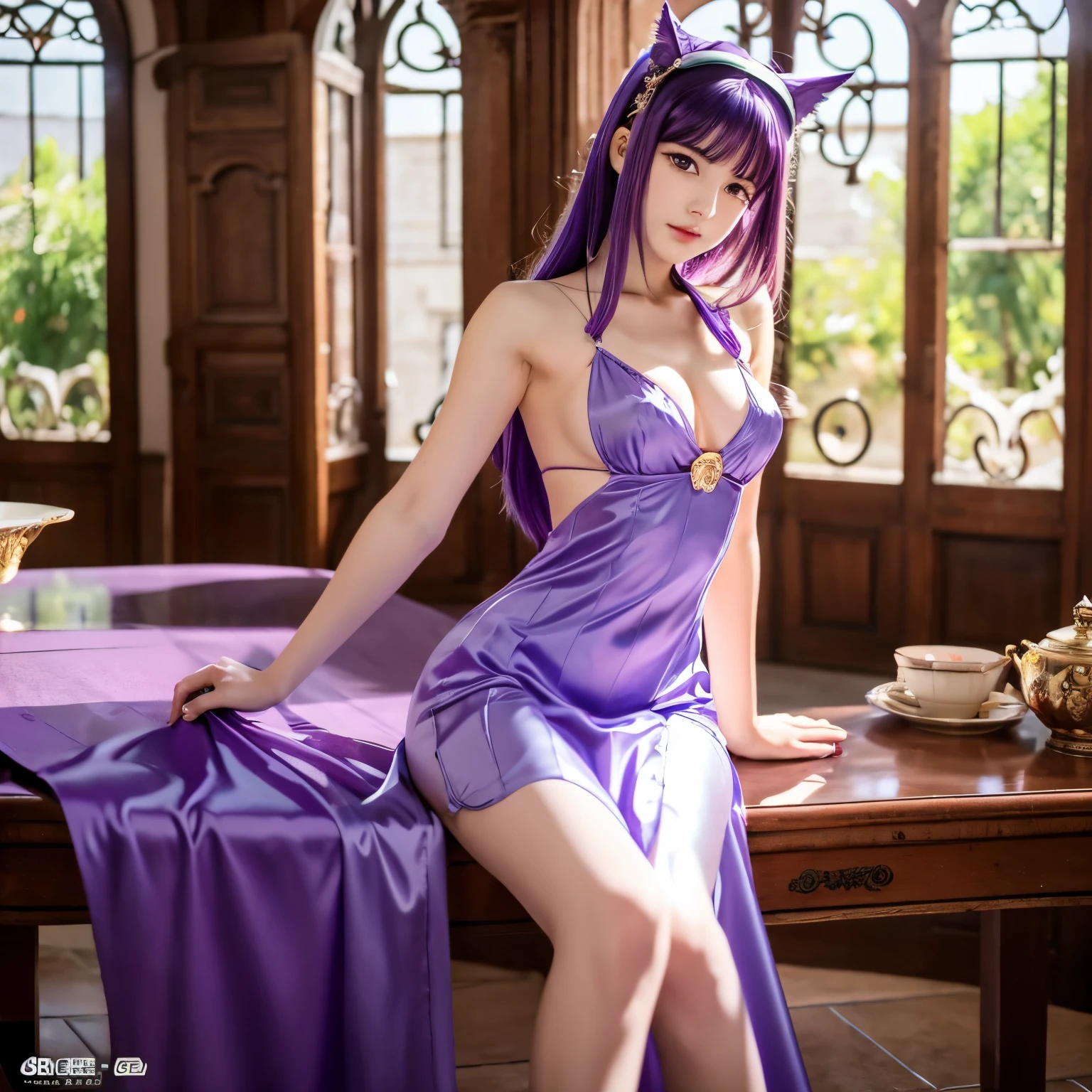 Anime Girl, Purple cat ears, Long hair, Beautiful clothes, Gubes style, 4K clarity, CG Station Pop, Antique architecture, Seductive Girl, Attractive, Genshin Kel, Anime style, 8K, beautiful anime woman, Girl Front.barechested