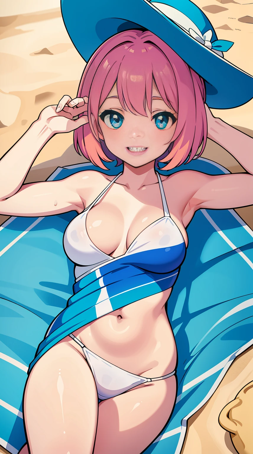 young girl, short multi-colored hair, blue eyes, Smile, teeth, Beach Hat, sexy swimsuit, open belly, open breasts, Beach, lying on sand, water, hiquality, 4k, HD, Good detail