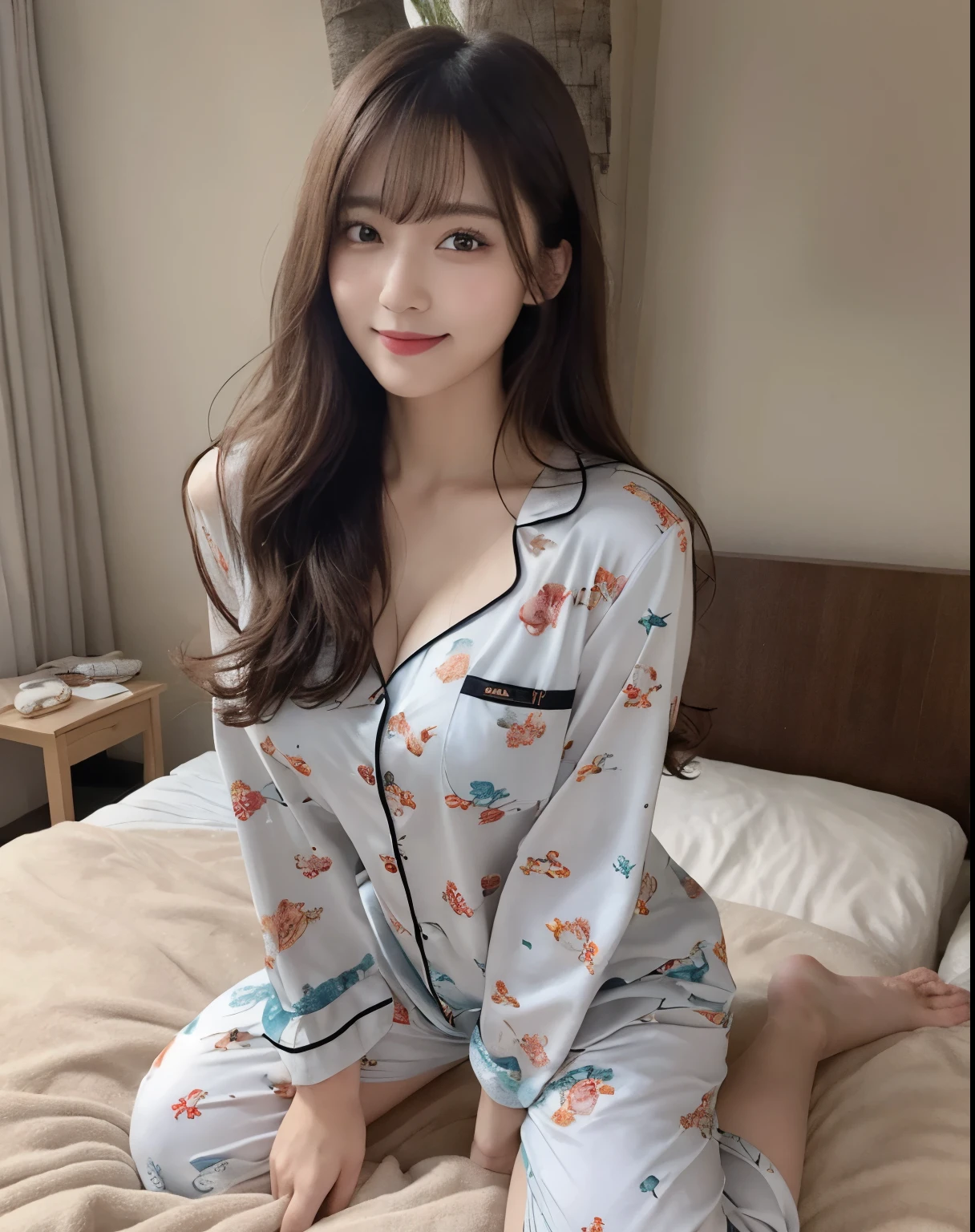 masterpiece, Best Quality, Illustration, Ultra-detailed, finely detail, high resolution, 8K Wallpaper, Perfect dynamic composition, Beautiful detailed eyes, Big breasts, Natural Color Lip, posing randomly, Smile, (bedroom), 20 years girl, full body shot, long hair, ((wearing pajamas), darker, looking in front, kneeling on the bed