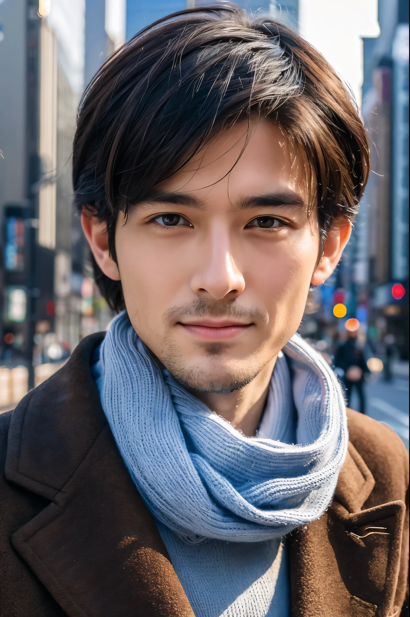 Photorealsitic, 8K full body portrait, a handsome, a 25-year-old man, A charming expression, detailed face details, TOKYOcty, Winters, Shibuya in the background