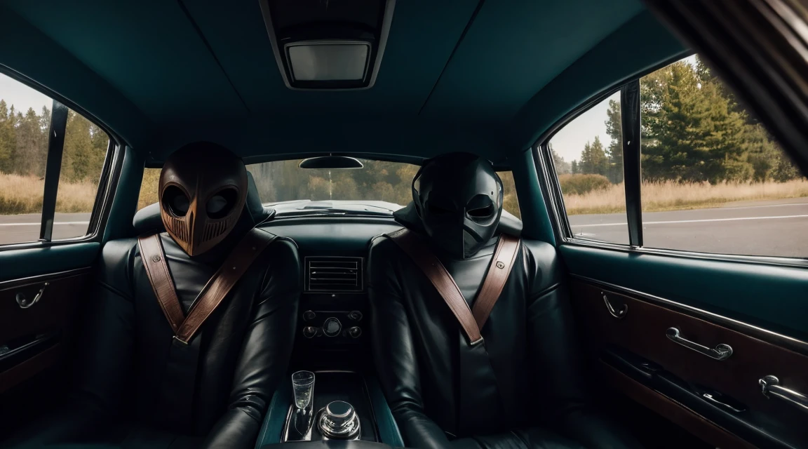 2 People wear scary masks in a vintage car in the back roads