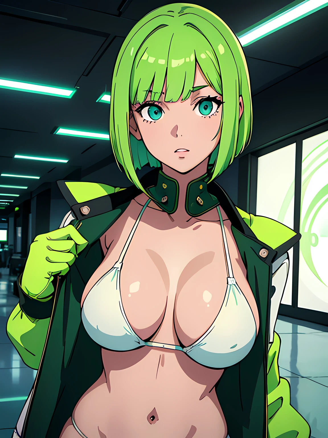 ((masutepiece)), ((Best Quality)), (ultra-detailliert), ((Extremely detailed)), 4K, (8K), 1girl in, half - body shot, Stunning cute girl, ultra-detailliert eyes, Light green medium bob cut hair with bangs, white and sparkling green bikini、With Jacket, View from the second floor of the cyberpunk-style Atrium Mall, neon light, Neon glow