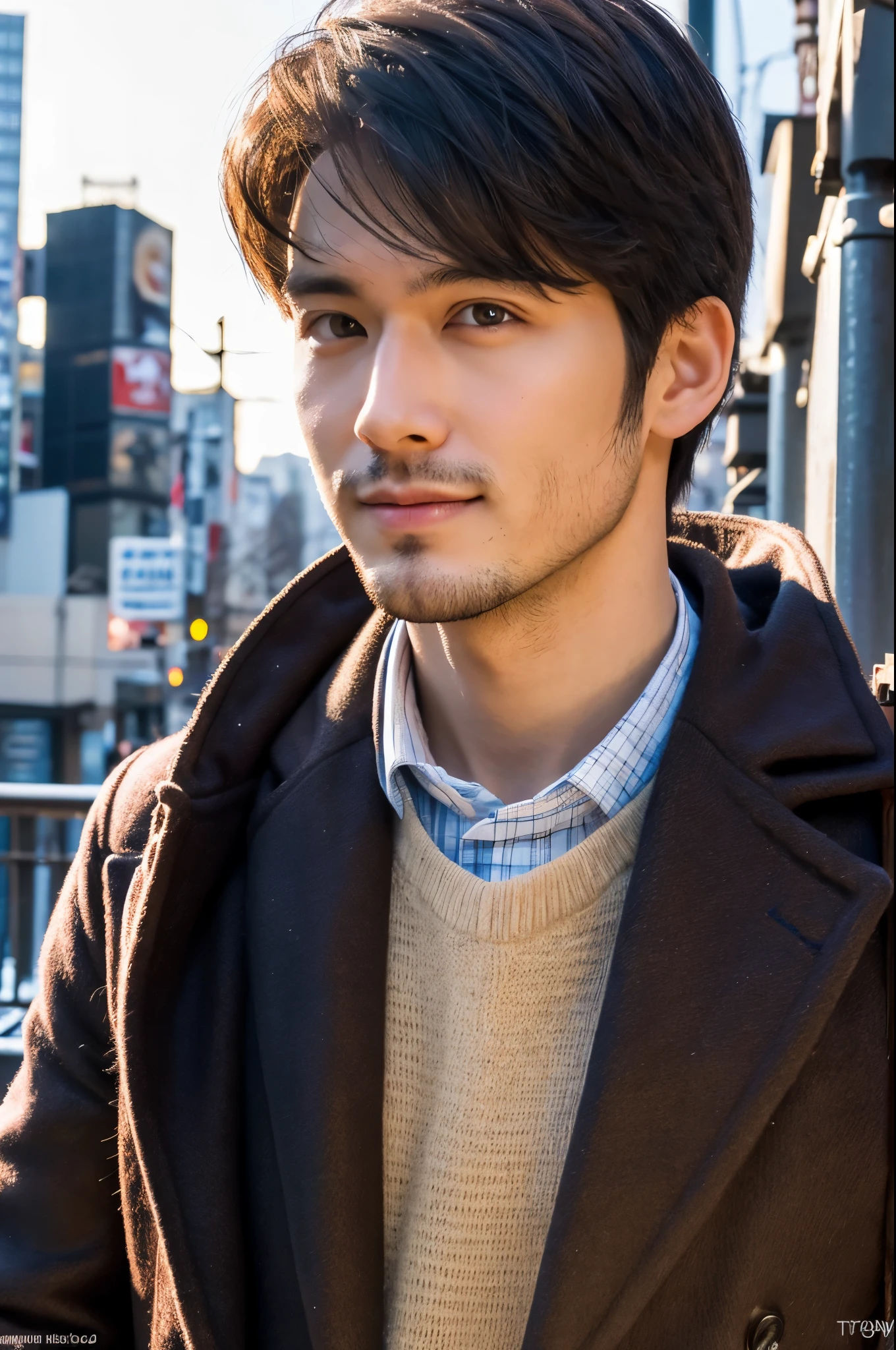 Photorealsitic, 8K full body portrait, a handsome, a 25-year-old man, A charming expression, detailed face details, TOKYOcty, Winters, Shibuya in the background