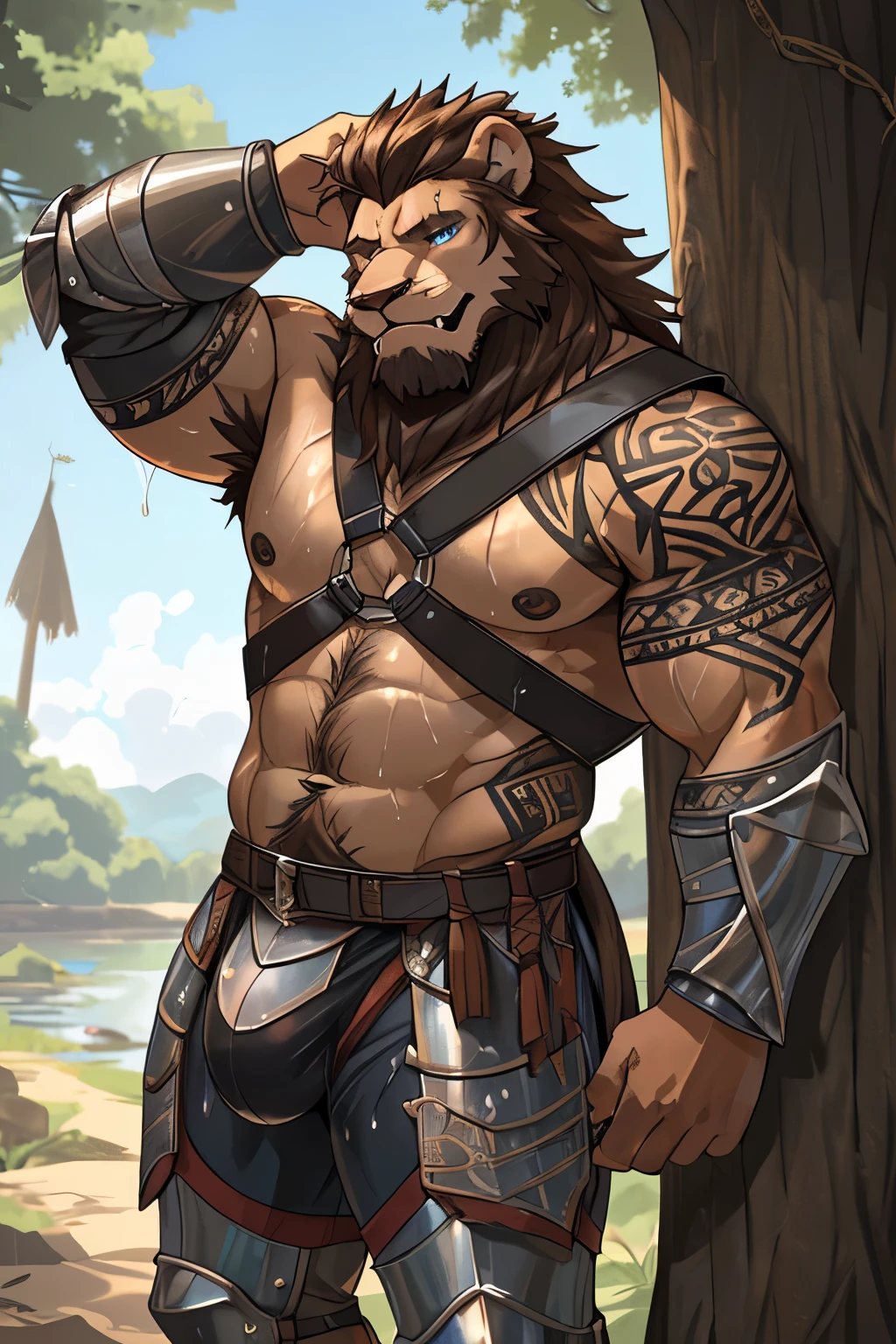 anthropomorphic, red lion, hairy, brown mane (black belly skin with tribal tattoos on face and shoulders, muscular male body, wet body, hot, pose, leaning on tree, hairy armpit, (wearing medieval armor), harness, has a big bulge, sweaty, blue eyes, showing his fangs in a naughty way