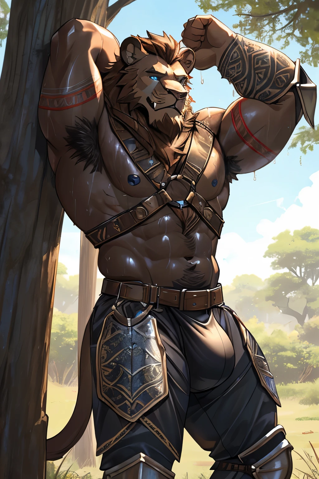 anthropomorphic, red lion, hairy, brown mane (black belly skin with tribal tattoos on face and shoulders, muscular male body, wet body, hot, pose, leaning on tree, hairy armpit, (wearing medieval armor), harness, has a big bulge, sweaty, blue eyes, showing his fangs in a naughty way