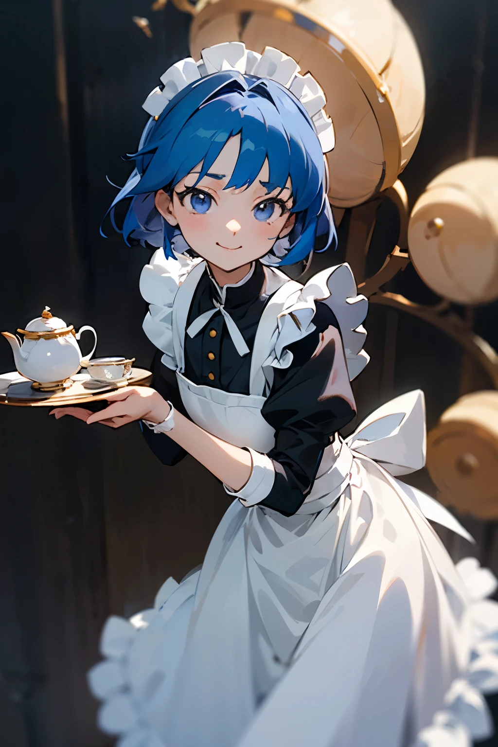 Meet Yuki, an anime maid girl with midnight-blue hair, lavender eyes, and a charming smile. Her petite frame is adorned in an elegant maid uniform with frills. Yuki's personality is sweet yet dedicated, with a hidden strength. She carries a silver locket, a symbol of family, and is skilled in traditional tea service, always ready to spread joy with a tray of pastries. In the anime world, Yuki is not just a maid but a cherished friend, 4k ultra detailed