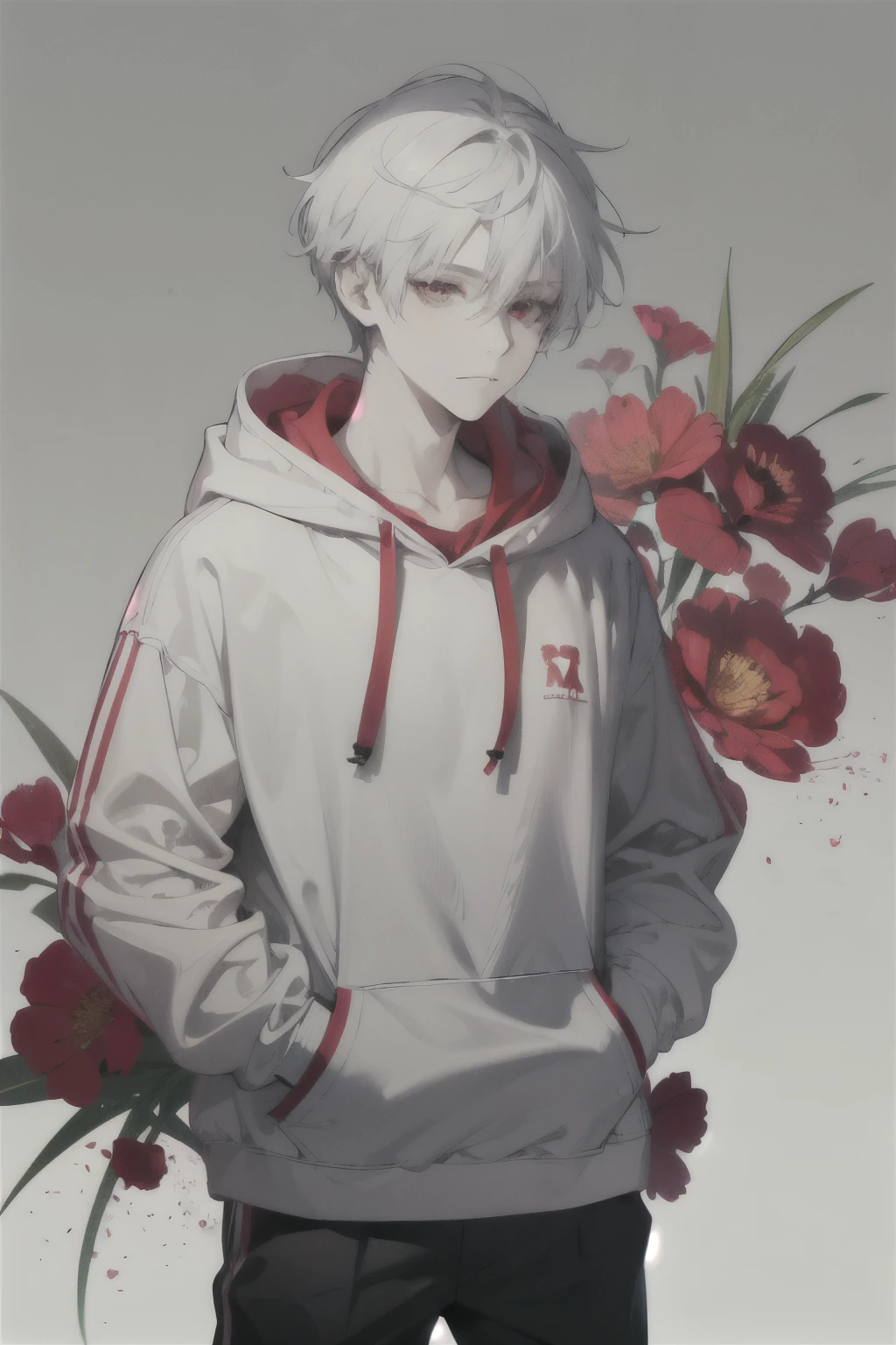 boy, with red eyes and neutral expression, wearing a white hoodie, short hair, pale skin and white hair, on a gray background, looking directly at the viewer with his hands in his pockets.