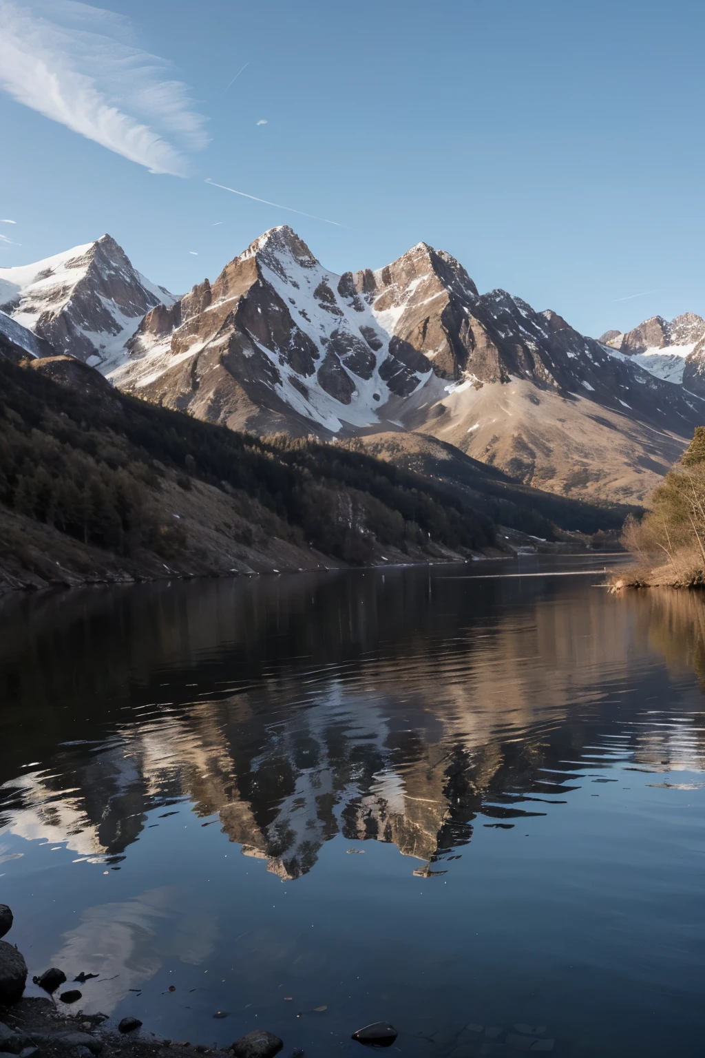A breathtaking landscape photograph of a serene and secluded mountain lake surrounded by towering snow-capped peaks. The crystal-clear water reflects the vibrant hues of the sky, creating a mesmerizing mirror-like effect. Descriptive Keywords: Majestic, tranquility, natural beauty, reflection, serenity. Camera Type: DSLR. Camera Lens: Wide-angle. Time of Day: Golden hour. Style of Photograph: Panoramic and awe-inspiring. Background: The majestic mountain range and the calm lake. Post Processing Techniques: Enhancing colors and contrasts, highlighting the reflection, creating a sense of tranquility and grandeur.
