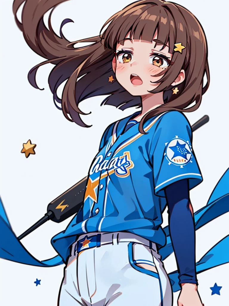1girl, (solo), bow,
((Blunt bangs)), brown hair, brown eyes, long straight hair, ((silver-star-hairpin on her right bang)), ((baseball uniform)), ((blue stripe uniform)), ((Yokohama DeNA Baystars)), simple white background, defense, ((stepping)), open mouth, 
masutepiece, ultra-detailliert, best quality, 4K, 8K,